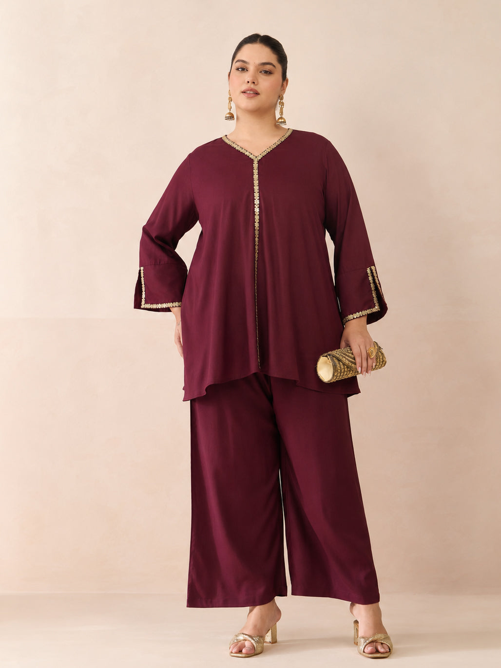 Burgundy Front Embroidered Top With Straight Pants-Shae by SASSAFRAS