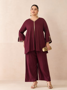 Burgundy Front Embroidered Top With Straight Pants-Shae by SASSAFRAS