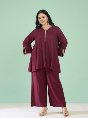 Burgundy Front Embroidered Top With Straight Pants-Shae by SASSAFRAS