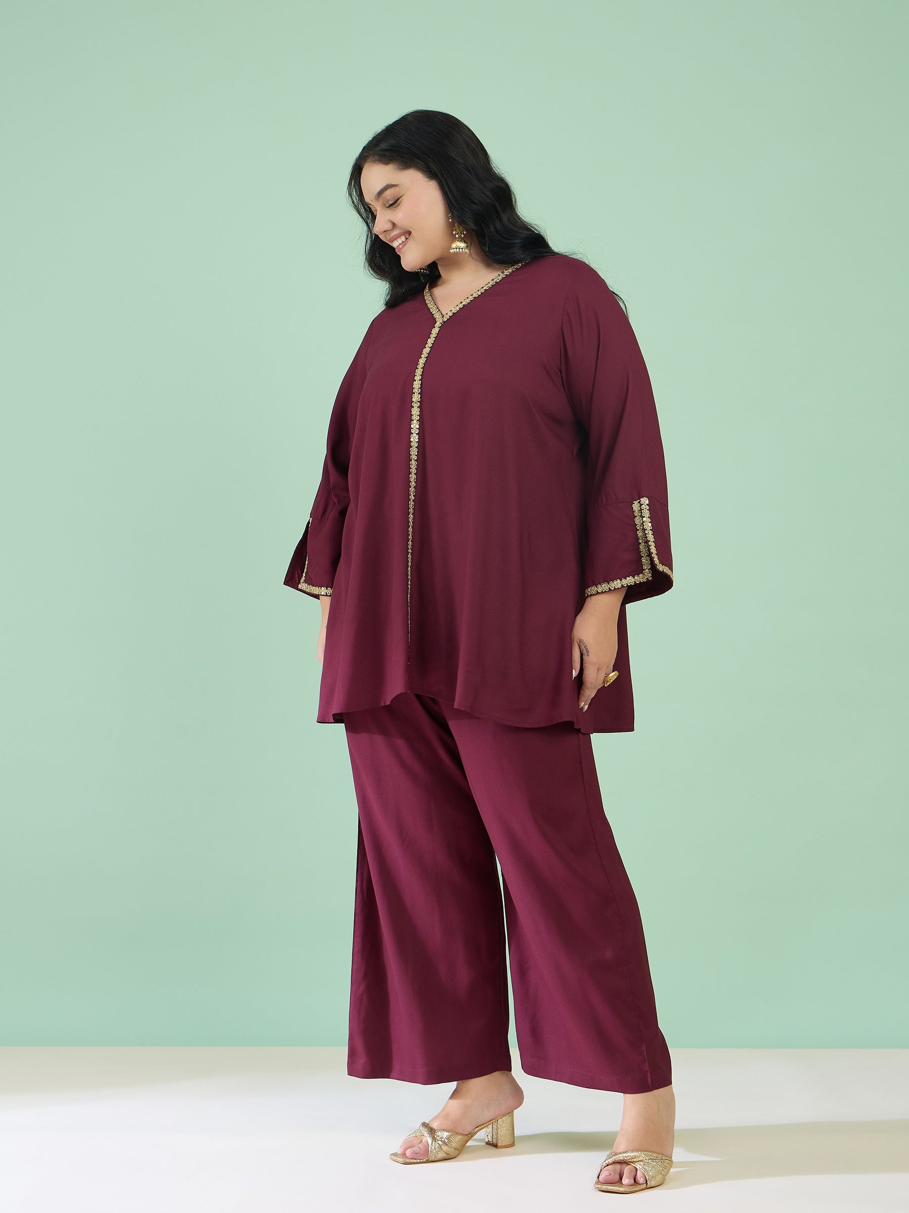 Burgundy Front Embroidered Top With Straight Pants-Shae by SASSAFRAS