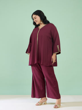 Burgundy Front Embroidered Top With Straight Pants-Shae by SASSAFRAS