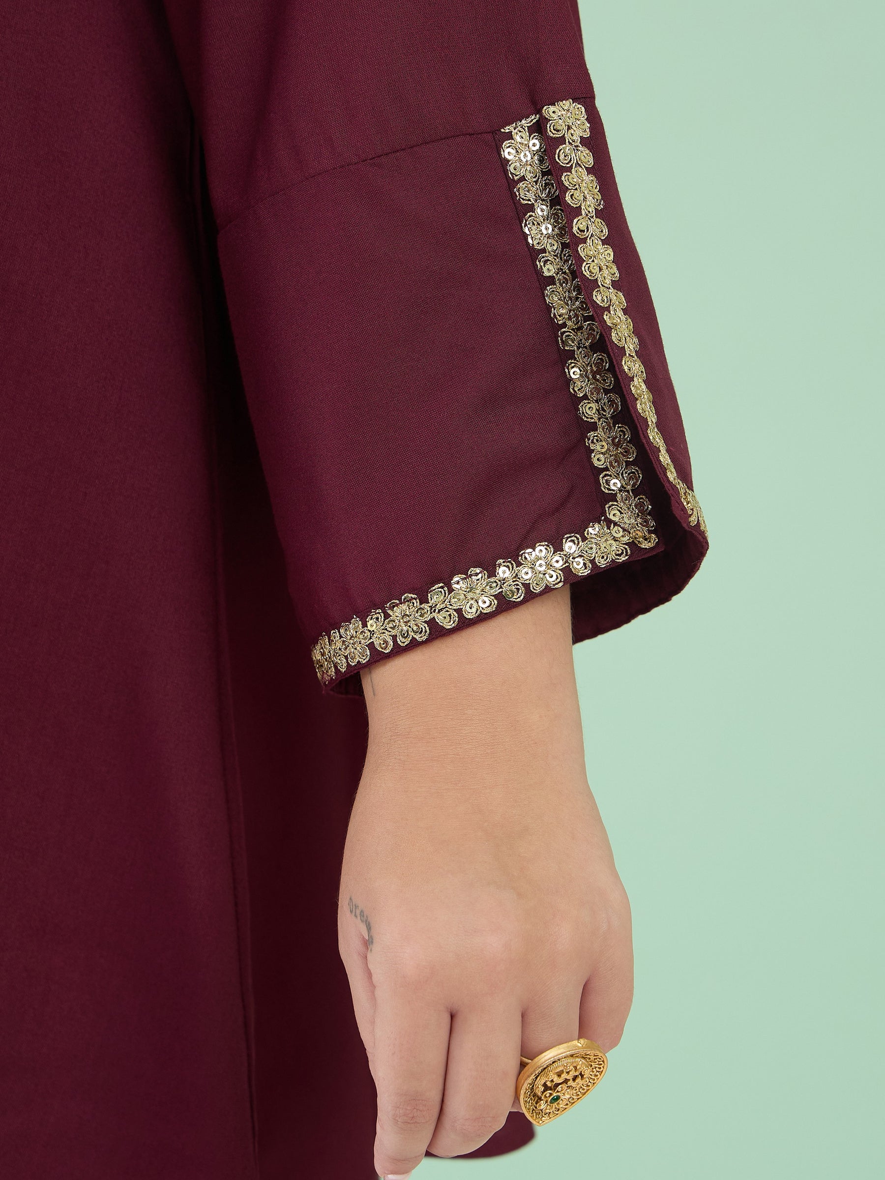 Women Burgundy Front Embroidered Top With Straight Pants