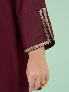 Women Burgundy Front Embroidered Top With Straight Pants