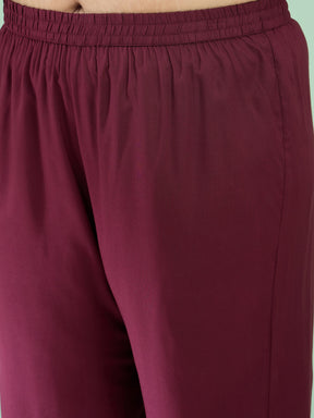 Women Burgundy Front Embroidered Top With Straight Pants