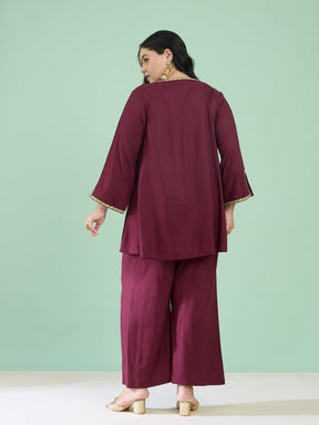 Women Burgundy Front Embroidered Top With Straight Pants