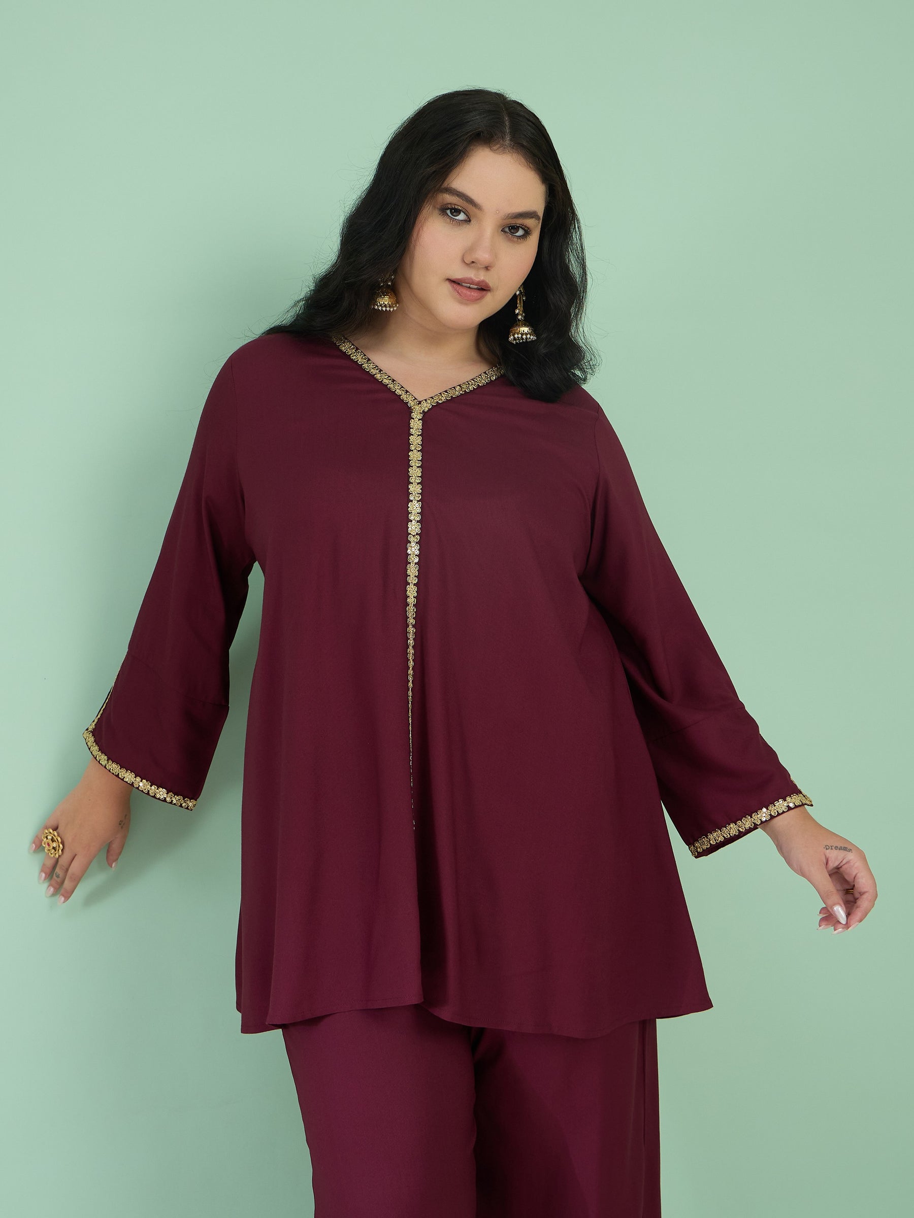 Women Burgundy Front Embroidered Top With Straight Pants