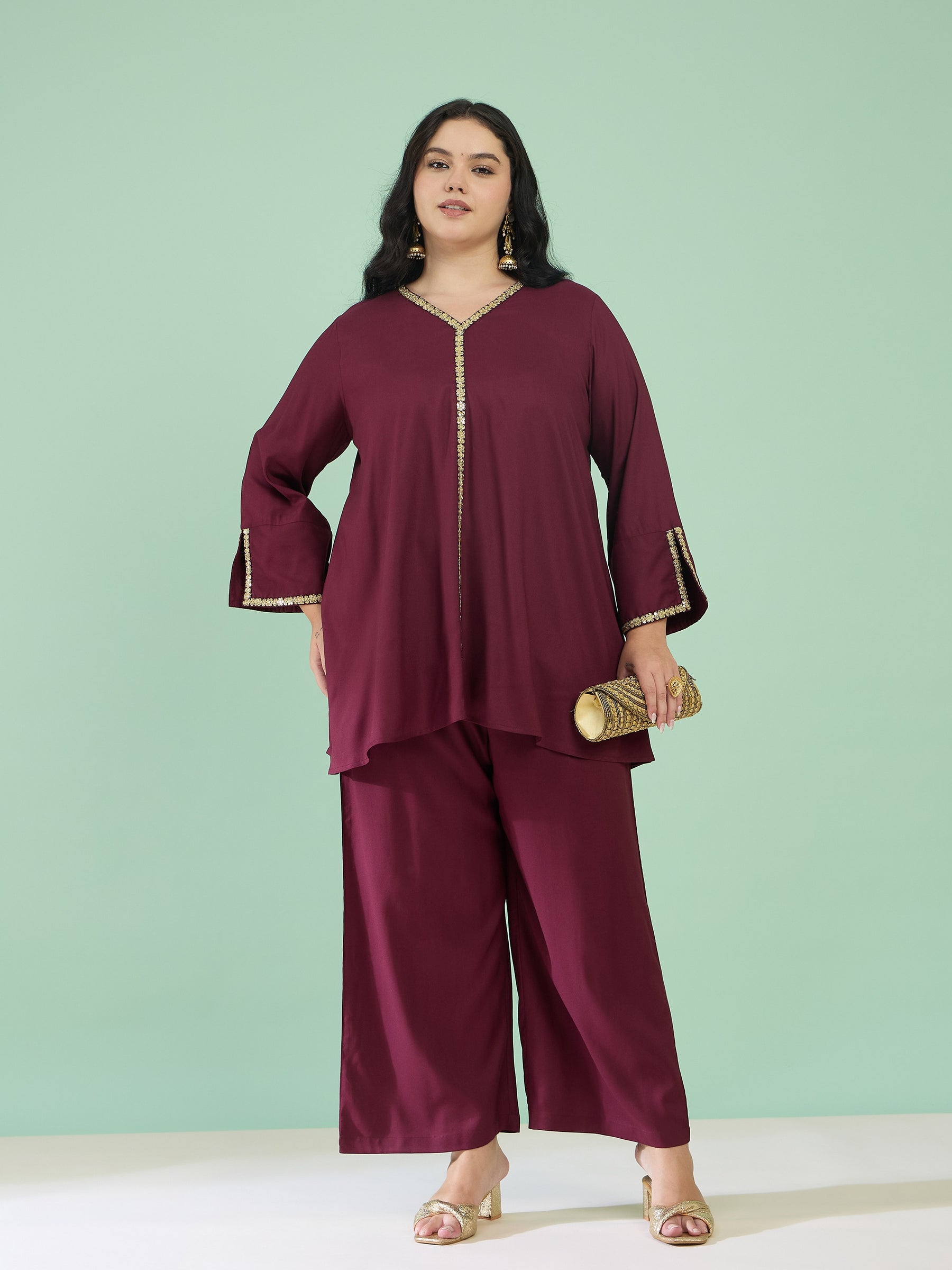 Women Burgundy Front Embroidered Top With Straight Pants