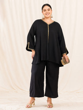 Black Front Embroidered Top With Straight Pants-Shae by SASSAFRAS