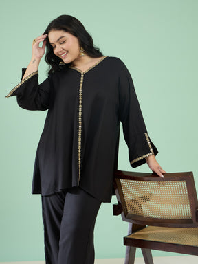 Black Front Embroidered Top With Straight Pants-Shae by SASSAFRAS