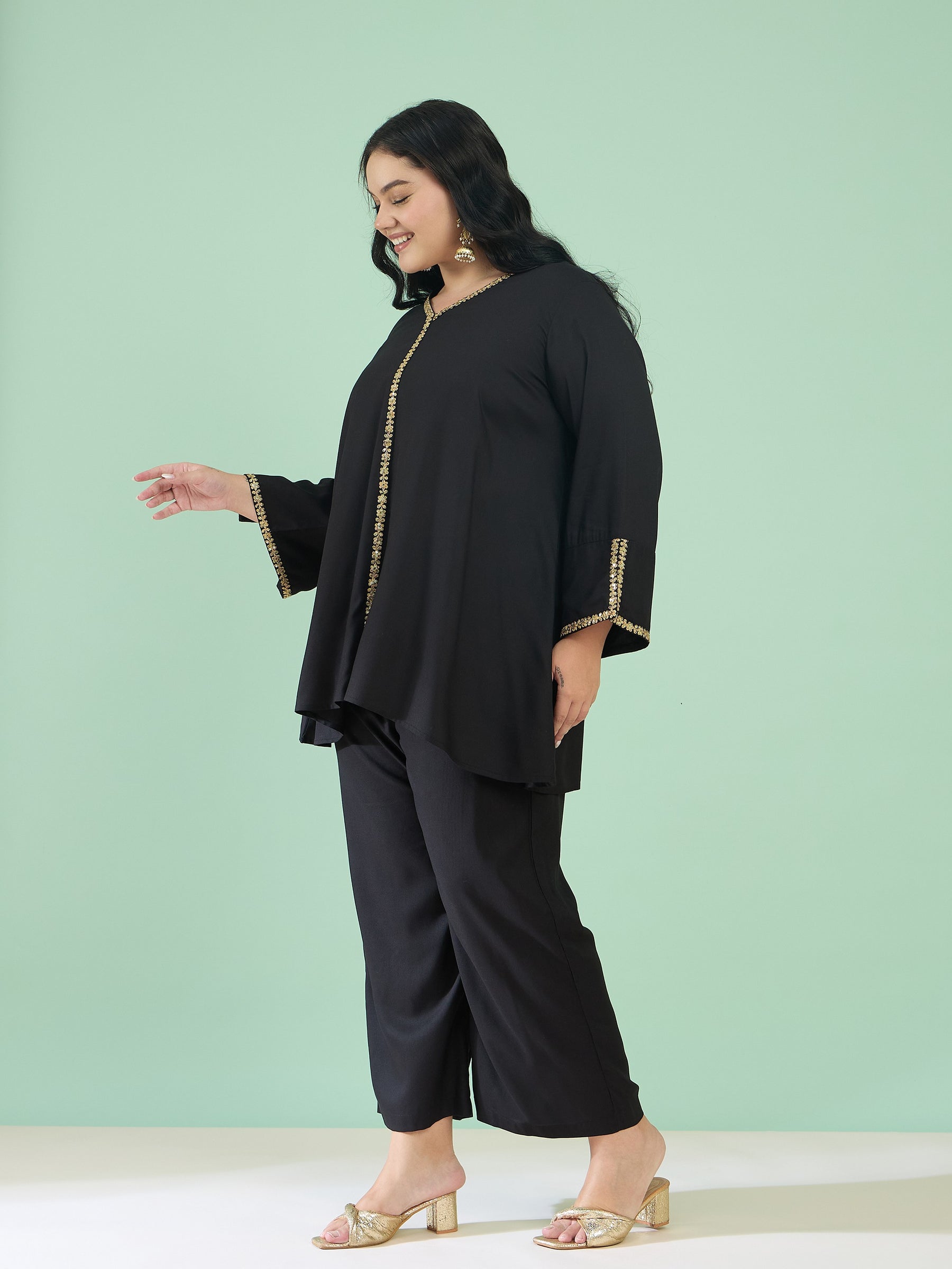 Black Front Embroidered Top With Straight Pants-Shae by SASSAFRAS