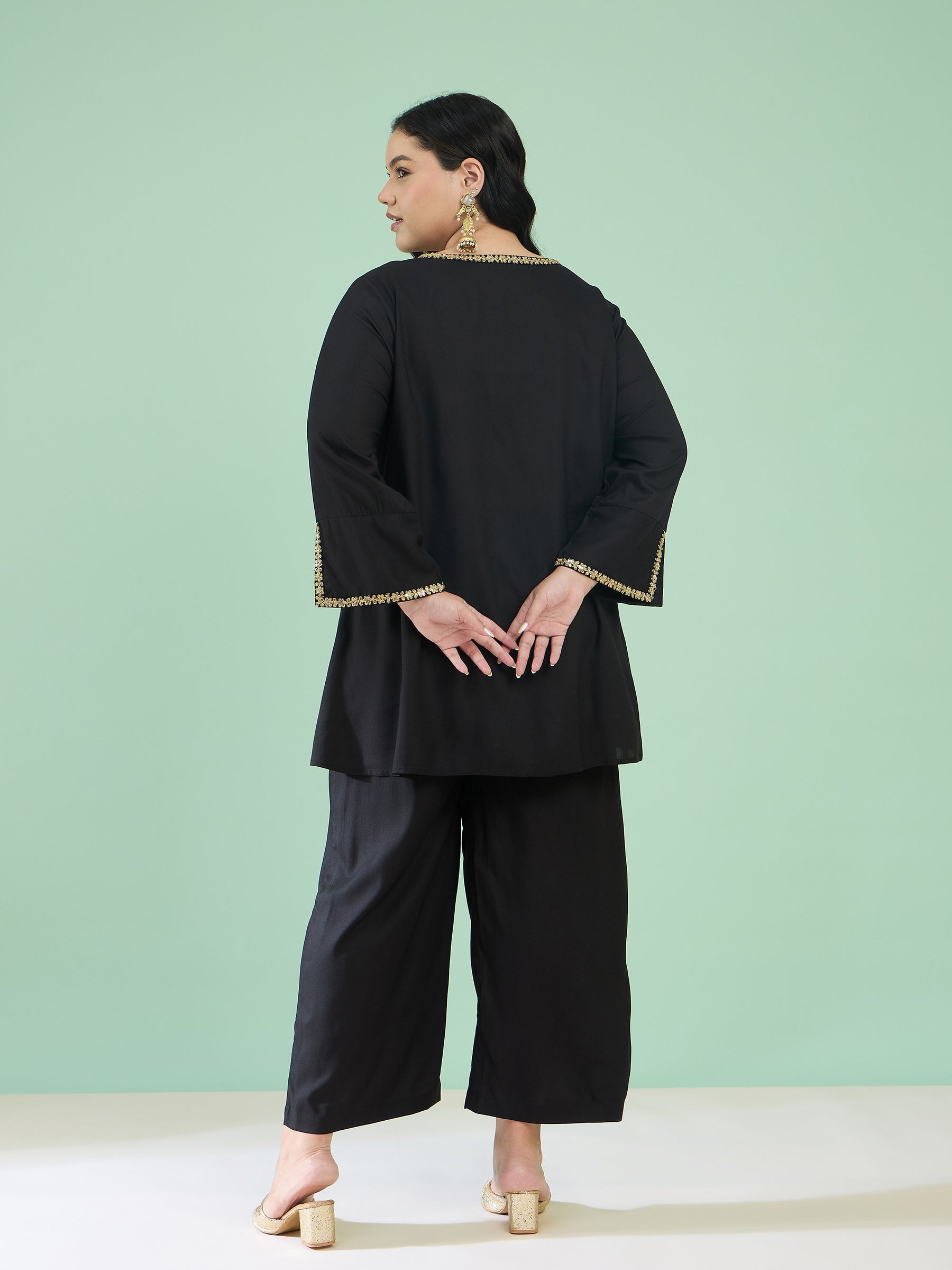 Women Black Front Embroidered Top With Straight Pants