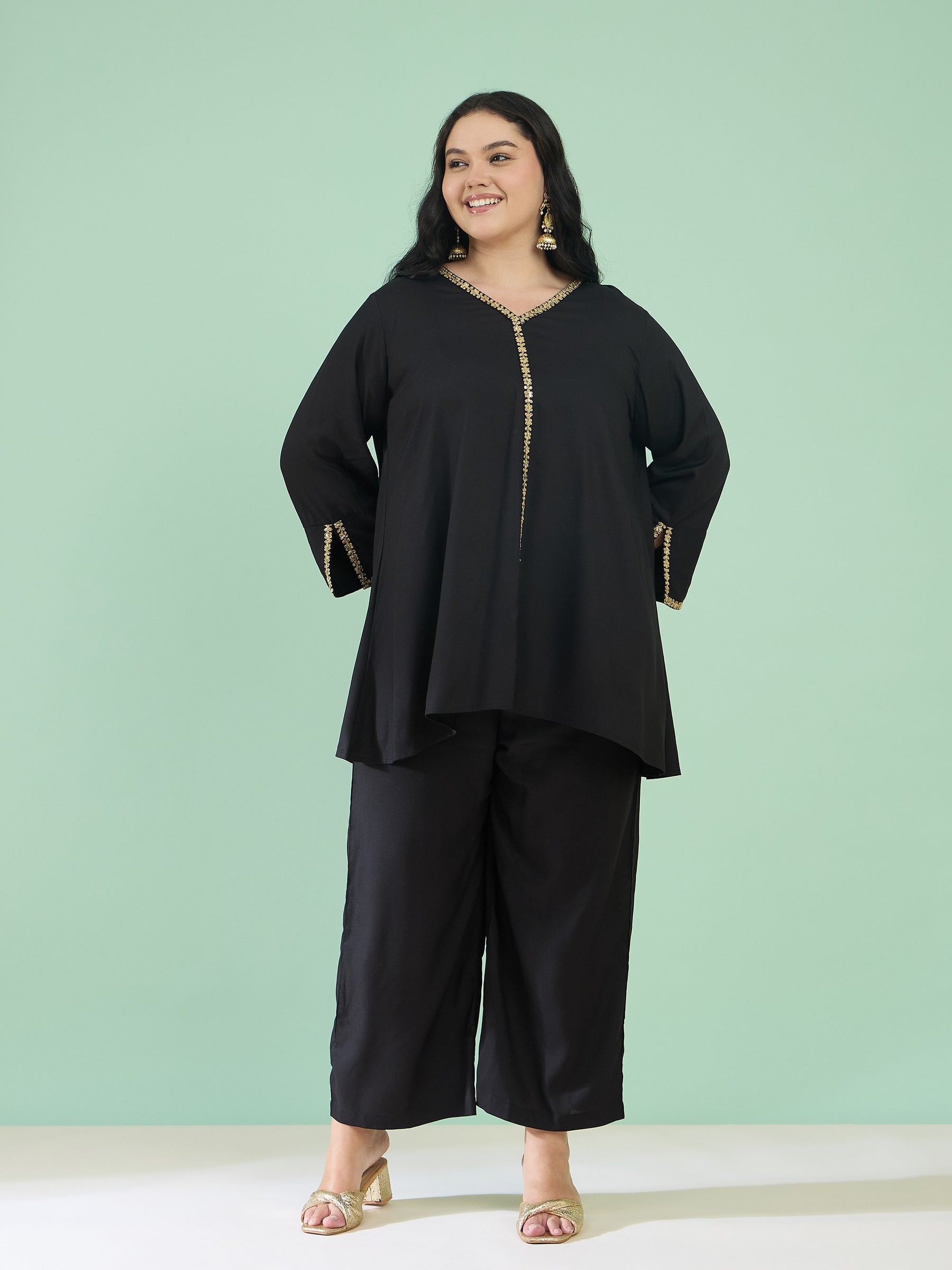Women Black Front Embroidered Top With Straight Pants