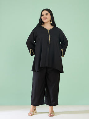 Women Black Front Embroidered Top With Straight Pants