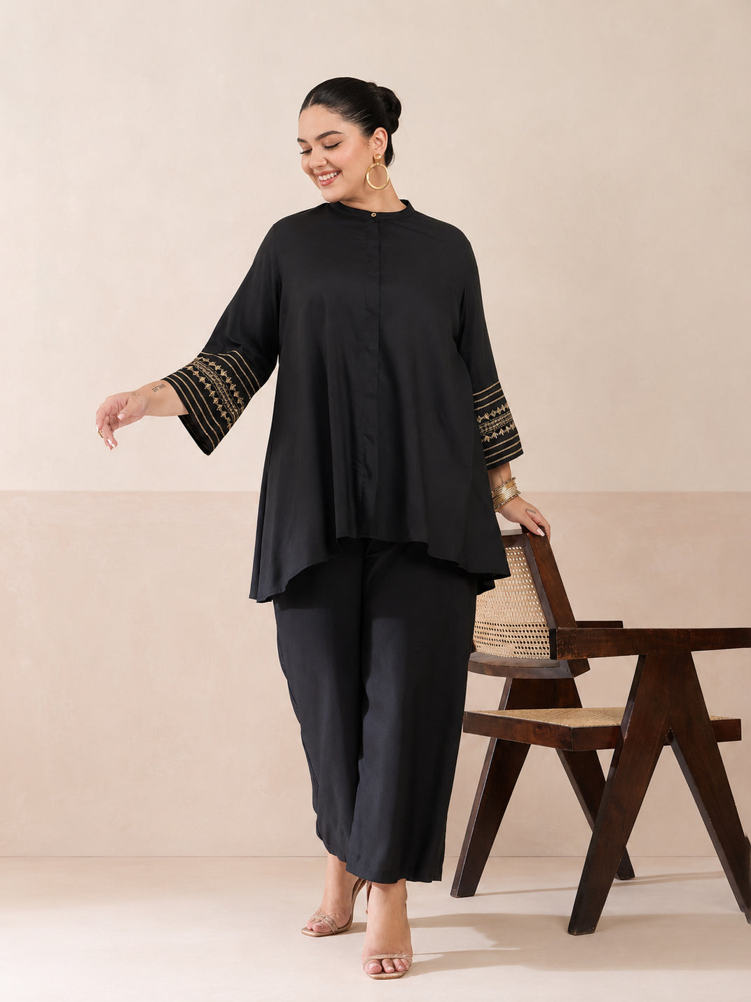 Black Zari Embroidered Sleeves A Line Top With Pants-Shae by SASSAFRAS