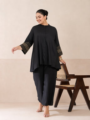 Black Zari Embroidered Sleeves A Line Top With Pants-Shae by SASSAFRAS