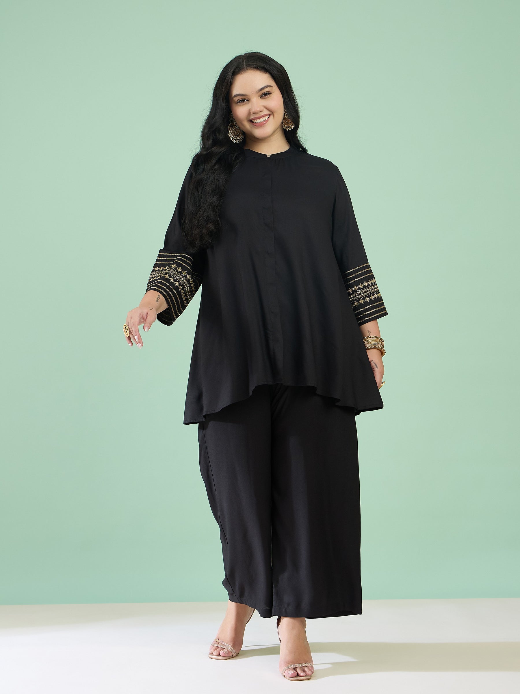 Black Zari Embroidered Sleeves A Line Top With Pants-Shae by SASSAFRAS