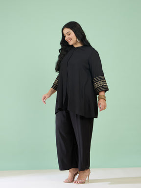 Black Zari Embroidered Sleeves A Line Top With Pants-Shae by SASSAFRAS