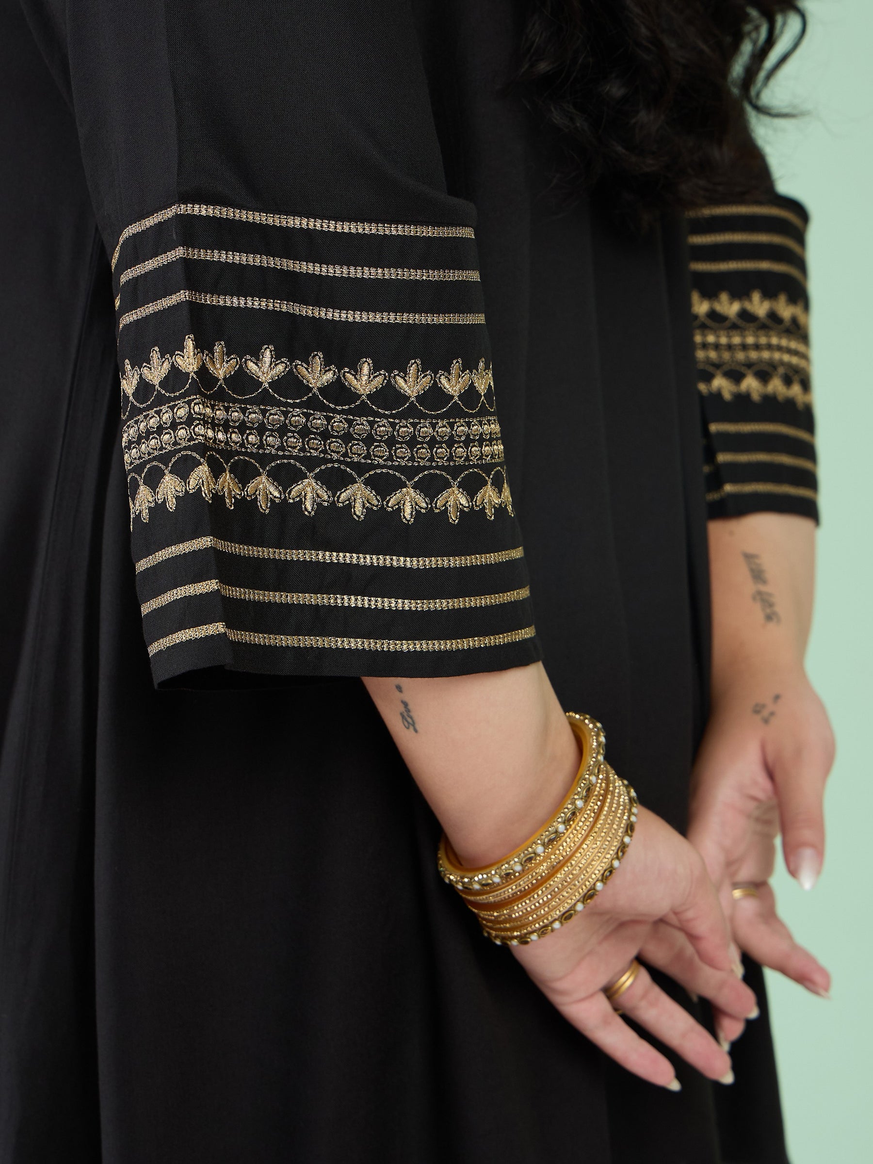 Women Black Zari Embroidered Sleeves A Line Top With Pants