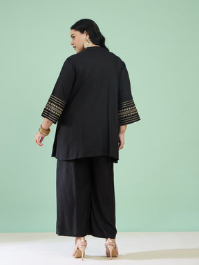 Women Black Zari Embroidered Sleeves A Line Top With Pants