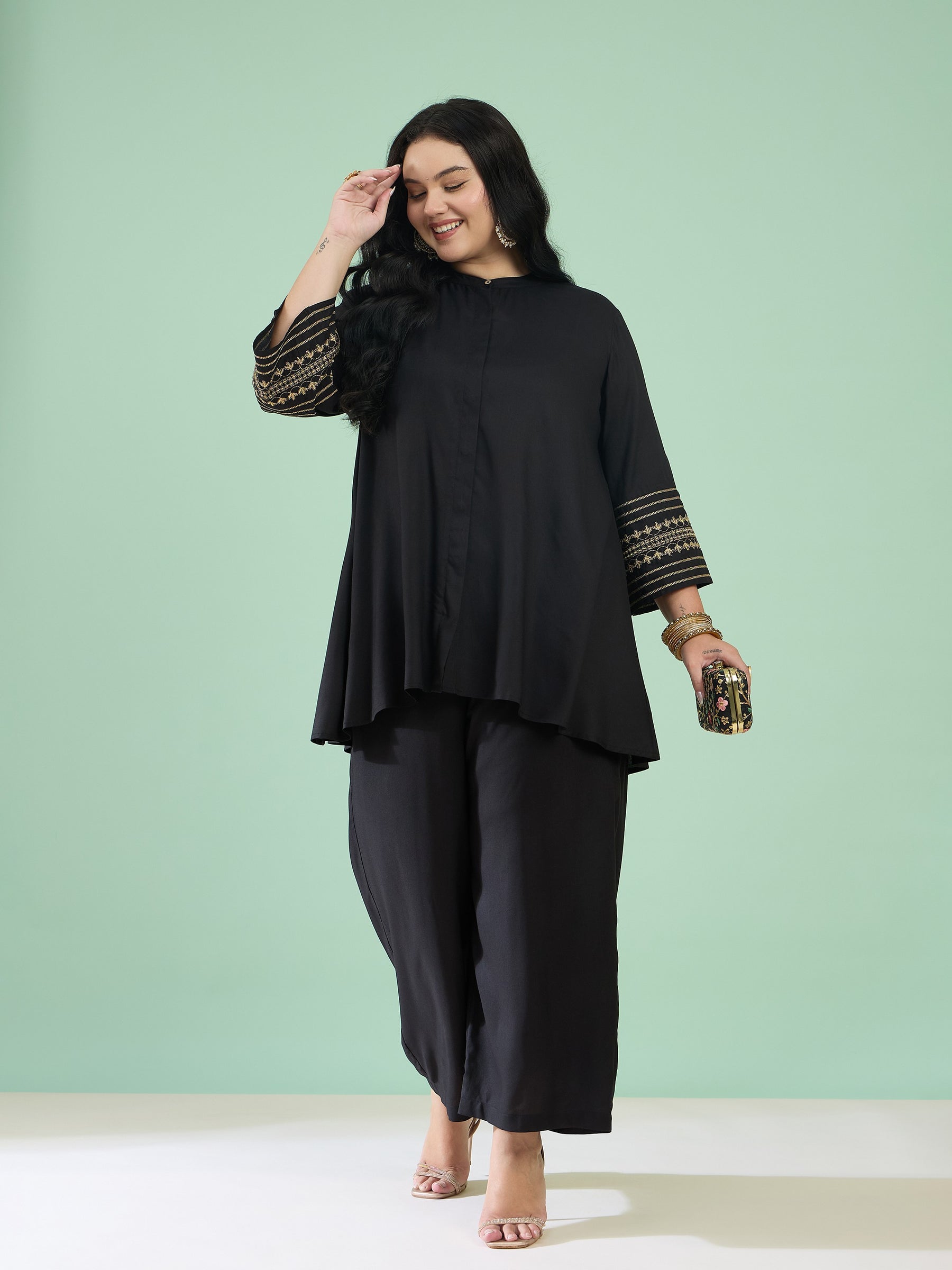 Women Black Zari Embroidered Sleeves A Line Top With Pants