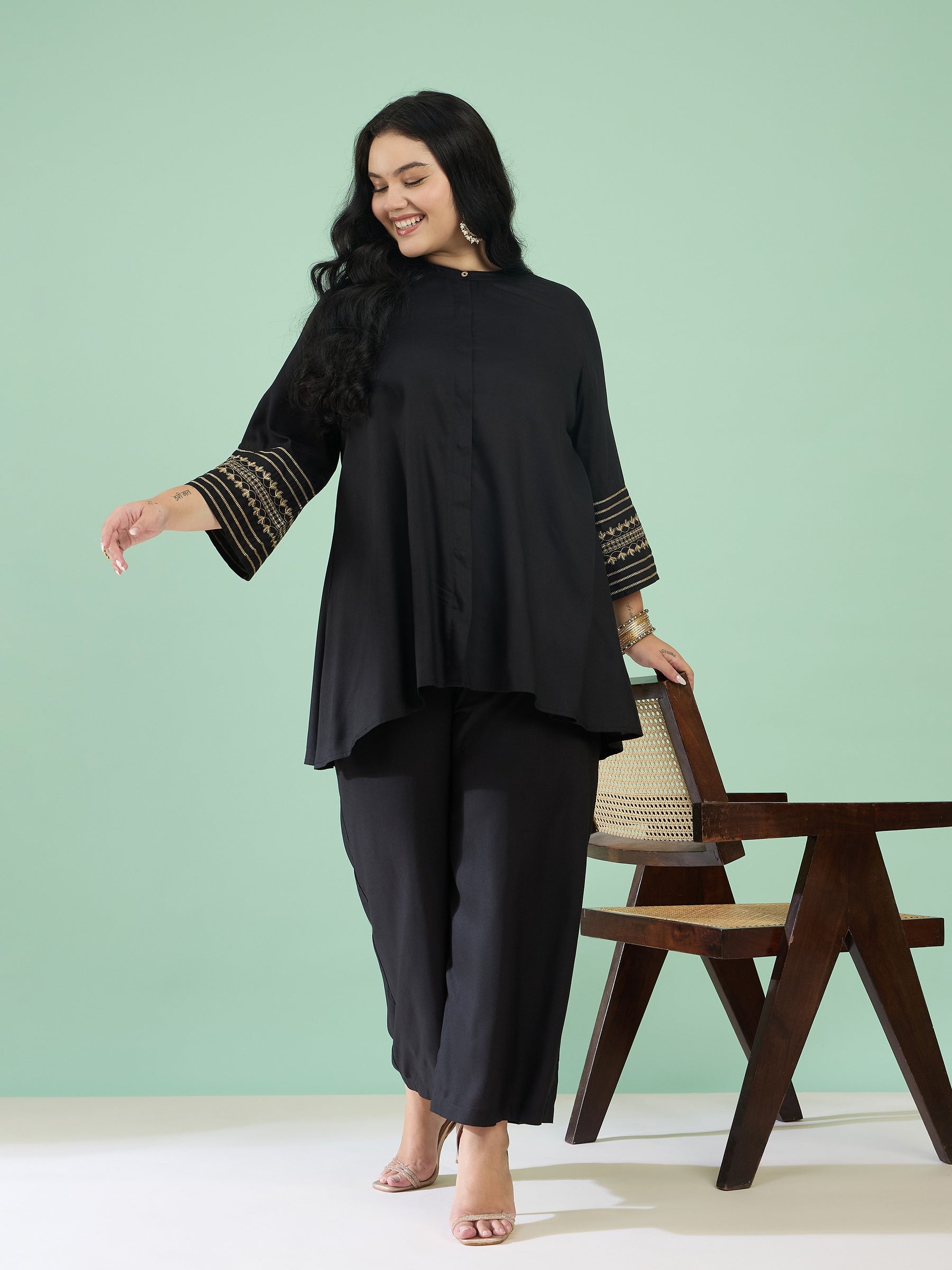 Women Black Zari Embroidered Sleeves A Line Top With Pants