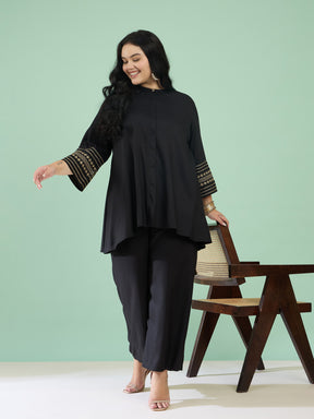Women Black Zari Embroidered Sleeves A Line Top With Pants