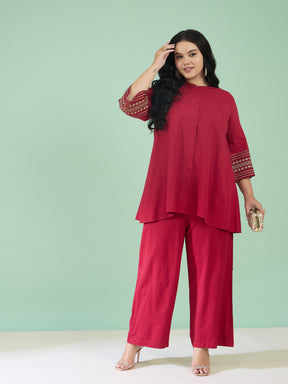 Maroon Zari Embroidered Sleeves A Line Top With Pants-Shae by SASSAFRAS