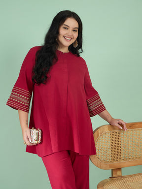 Maroon Zari Embroidered Sleeves A Line Top With Pants-Shae by SASSAFRAS