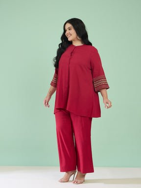 Maroon Zari Embroidered Sleeves A Line Top With Pants-Shae by SASSAFRAS