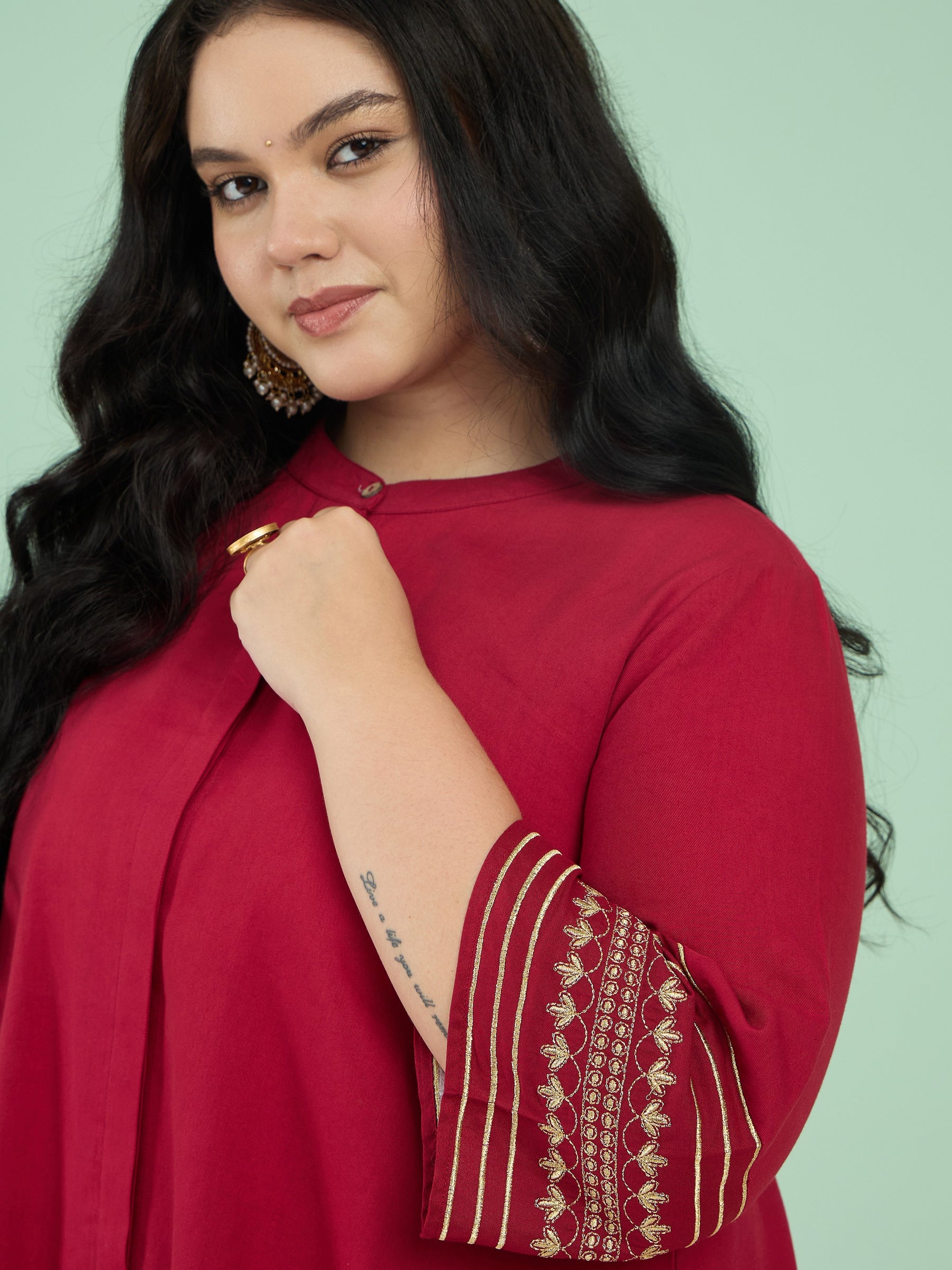 Women Maroon Zari Embroidered Sleeves A Line Top With Pants