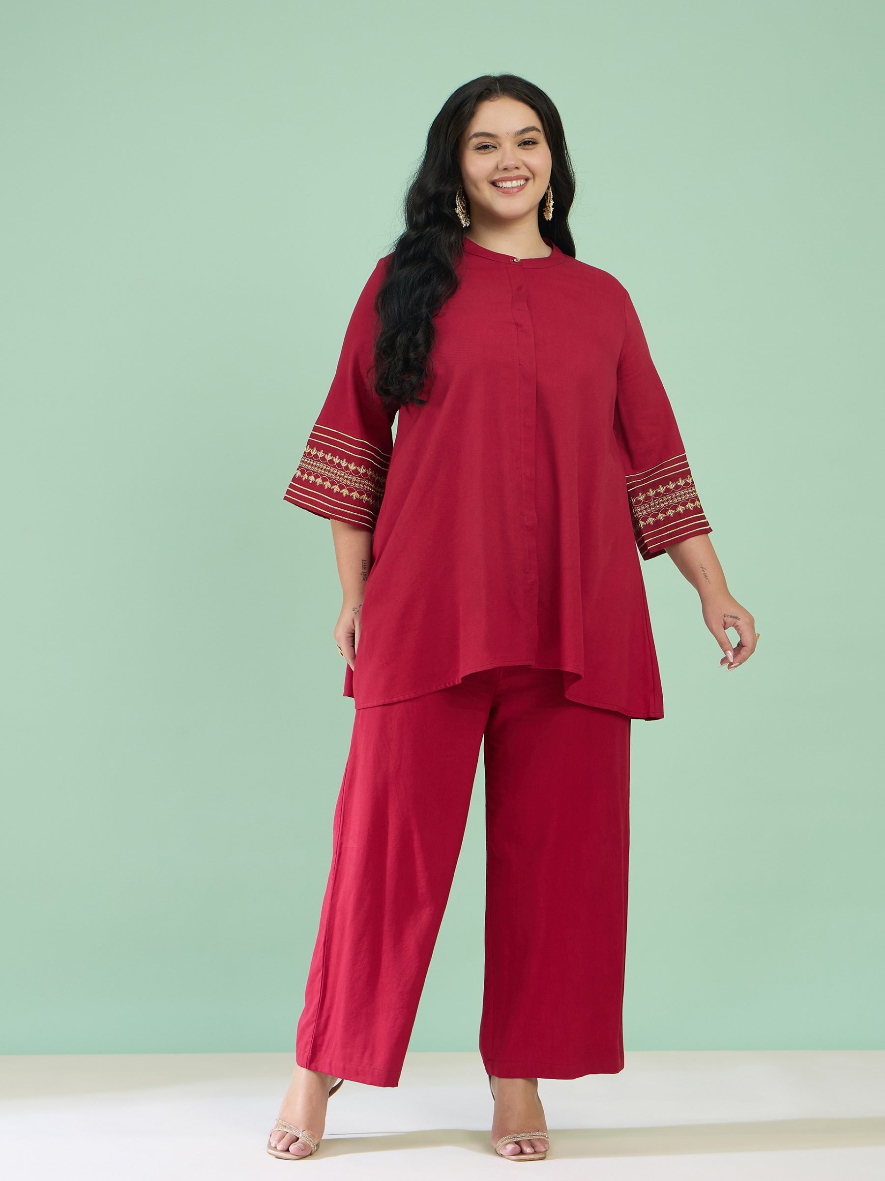 Women Maroon Zari Embroidered Sleeves A Line Top With Pants