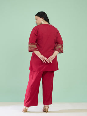 Women Maroon Zari Embroidered Sleeves A Line Top With Pants