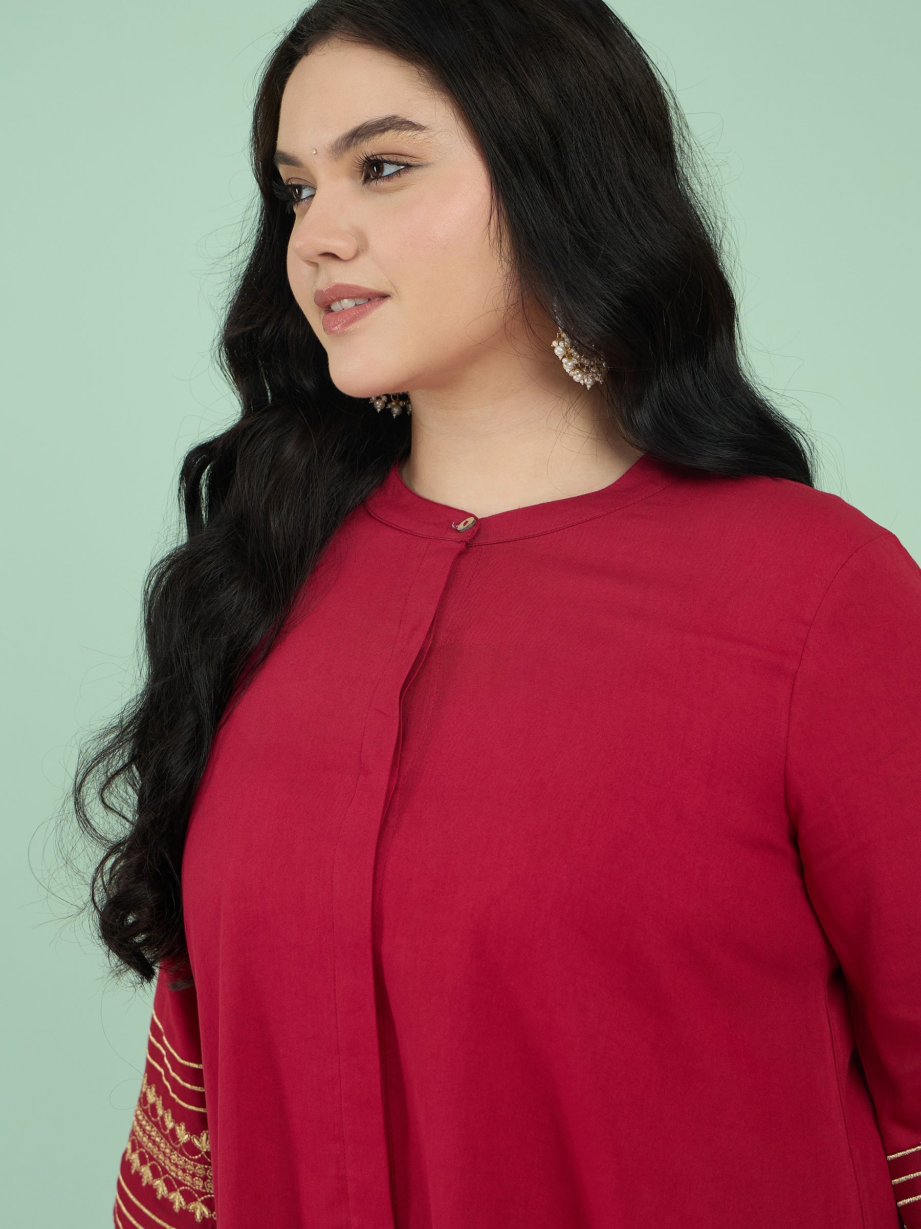 Women Maroon Zari Embroidered Sleeves A Line Top With Pants