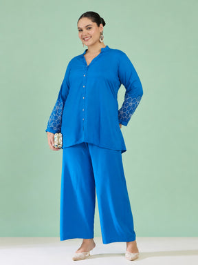 Cobalt Blue Embroidered Sleeves Shirt With Pants-Shae by SASSAFRAS
