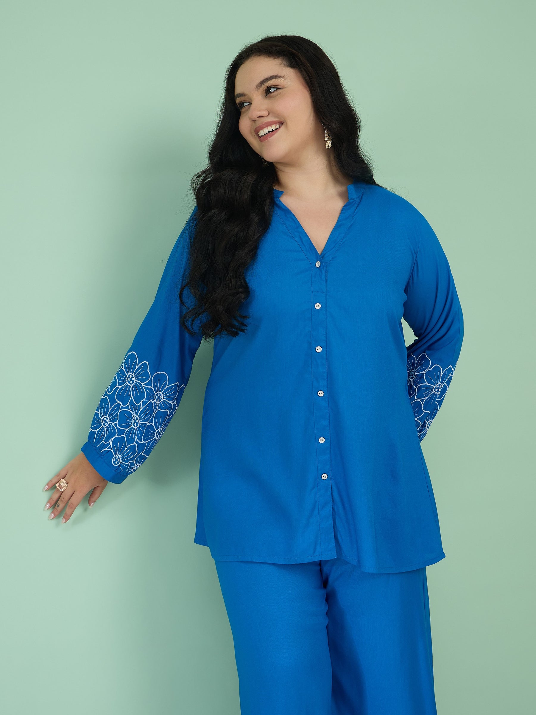 Cobalt Blue Embroidered Sleeves Shirt With Pants-Shae by SASSAFRAS