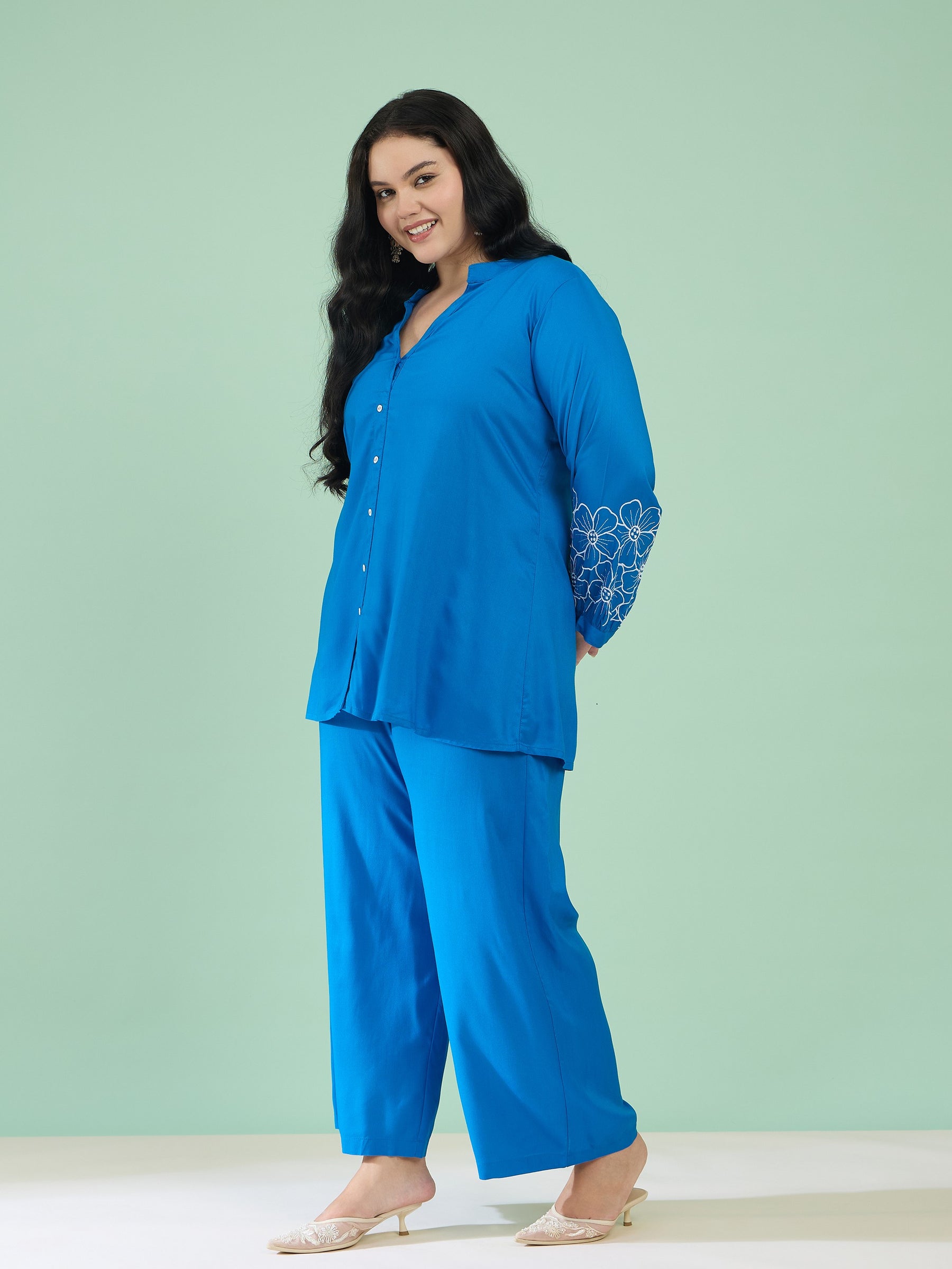Cobalt Blue Embroidered Sleeves Shirt With Pants-Shae by SASSAFRAS