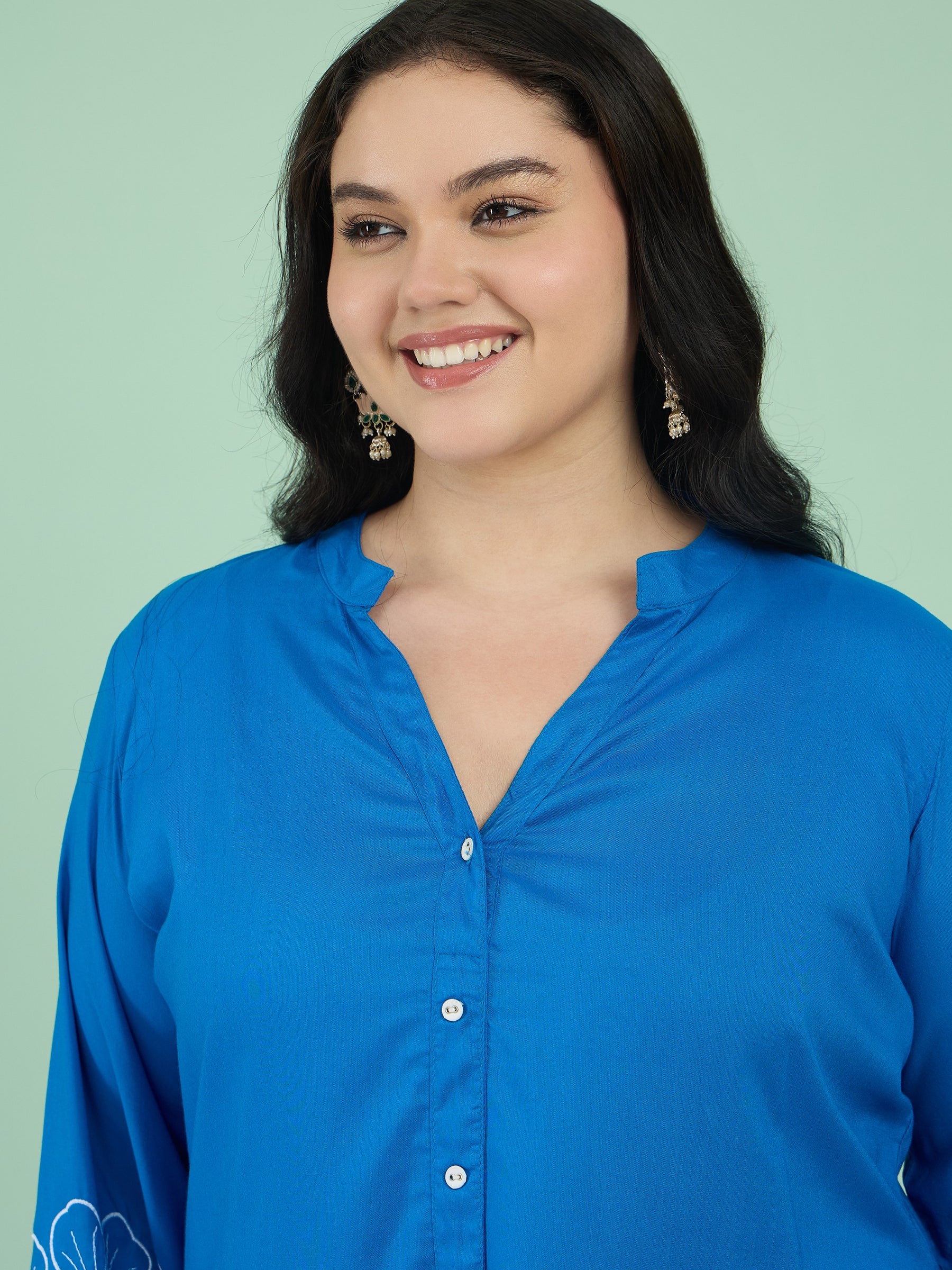 Cobalt Blue Embroidered Sleeves Shirt With Pants-Shae by SASSAFRAS