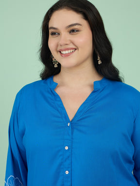 Cobalt Blue Embroidered Sleeves Shirt With Pants-Shae by SASSAFRAS
