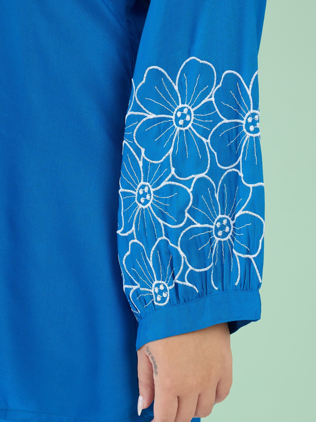 Women Cobalt Blue Embroidered Sleeves Shirt With Pants