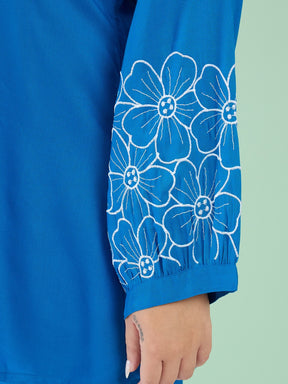 Women Cobalt Blue Embroidered Sleeves Shirt With Pants