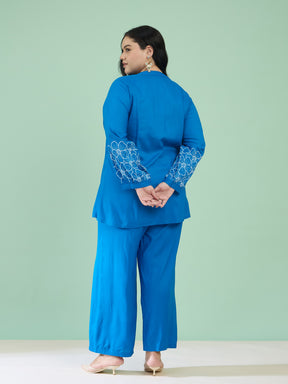 Women Cobalt Blue Embroidered Sleeves Shirt With Pants
