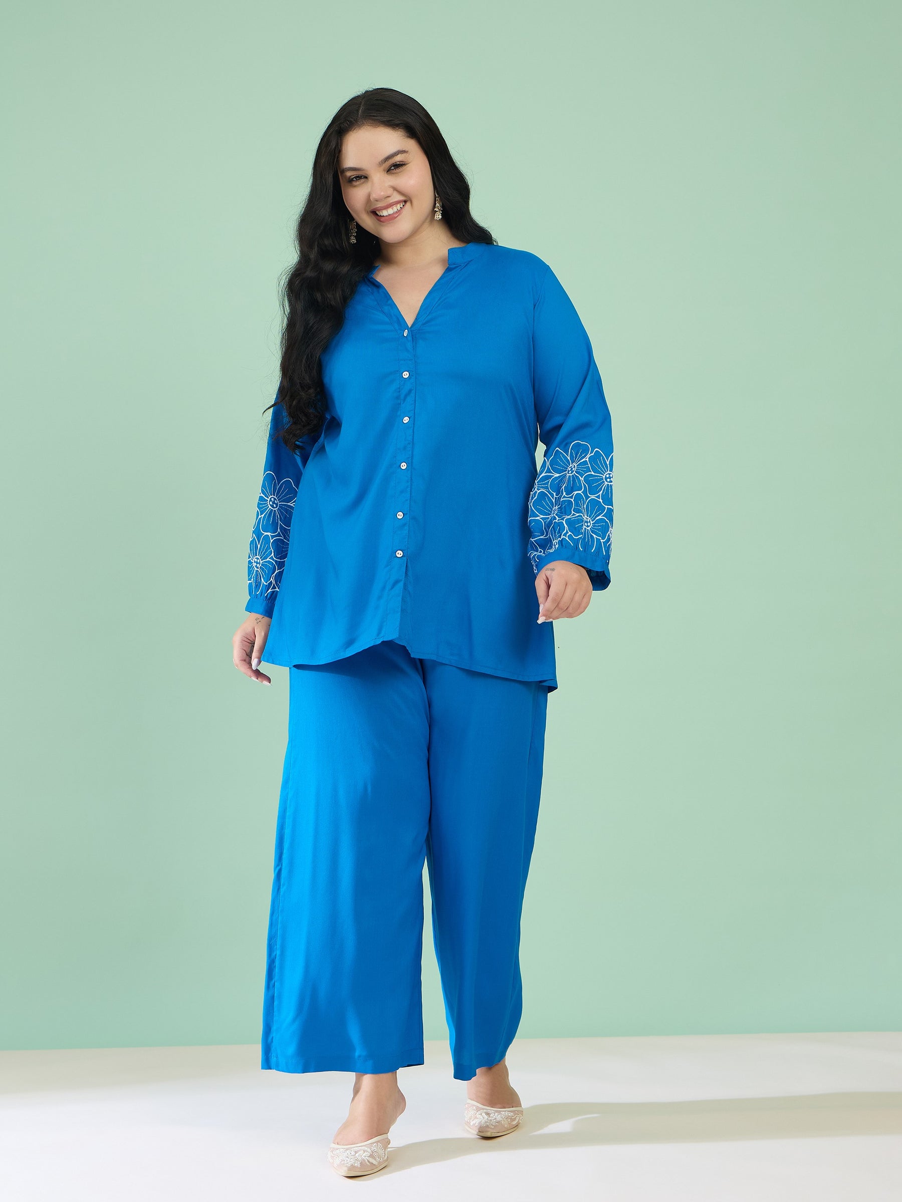 Women Cobalt Blue Embroidered Sleeves Shirt With Pants