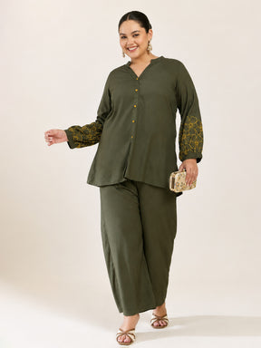 Olive Embroidered Sleeves Shirt With Pants-Shae by SASSAFRAS
