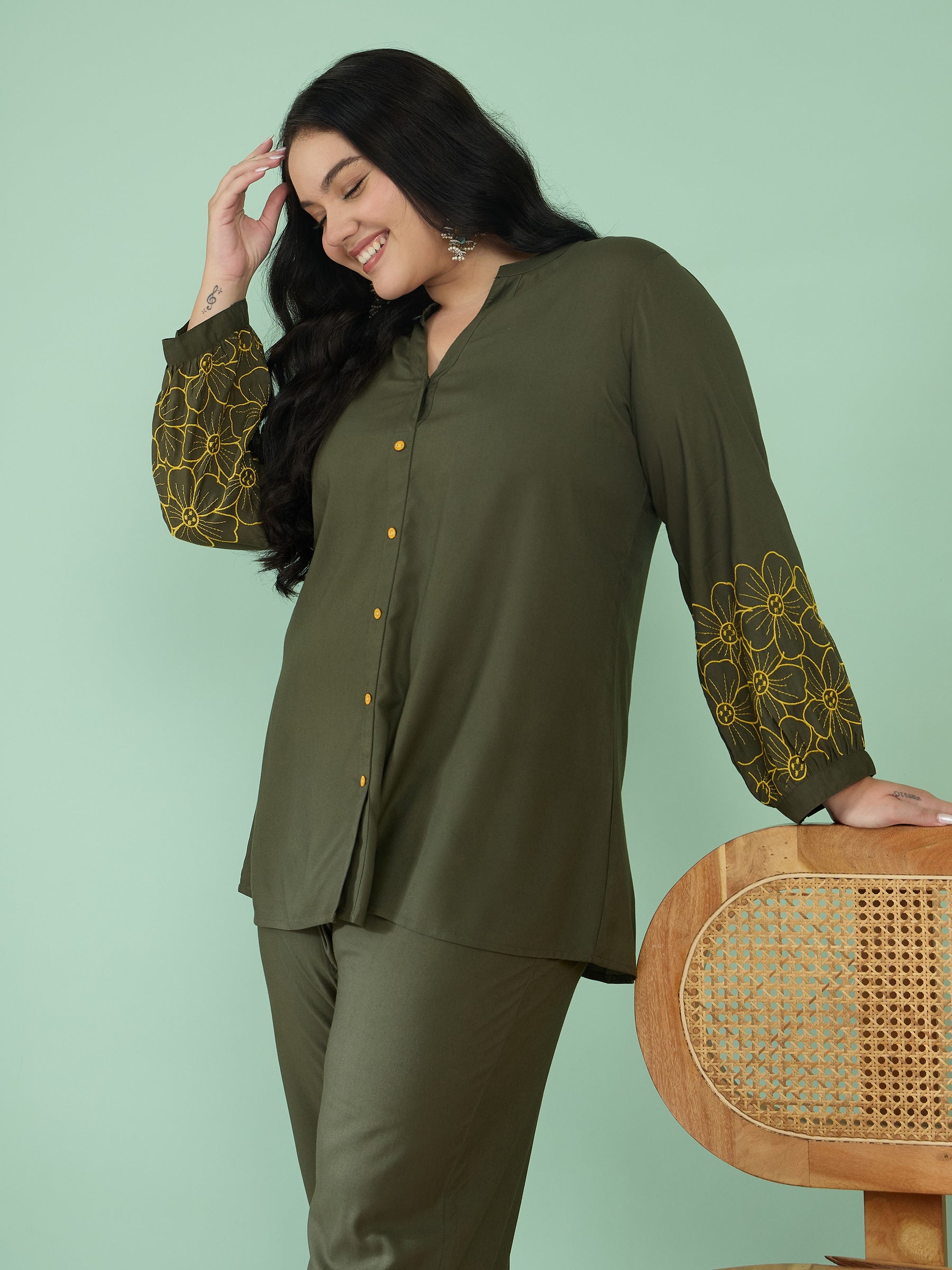 Olive Embroidered Sleeves Shirt With Pants-Shae by SASSAFRAS
