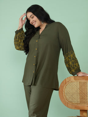 Olive Embroidered Sleeves Shirt With Pants-Shae by SASSAFRAS
