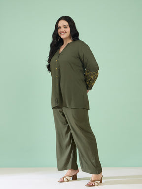 Olive Embroidered Sleeves Shirt With Pants-Shae by SASSAFRAS