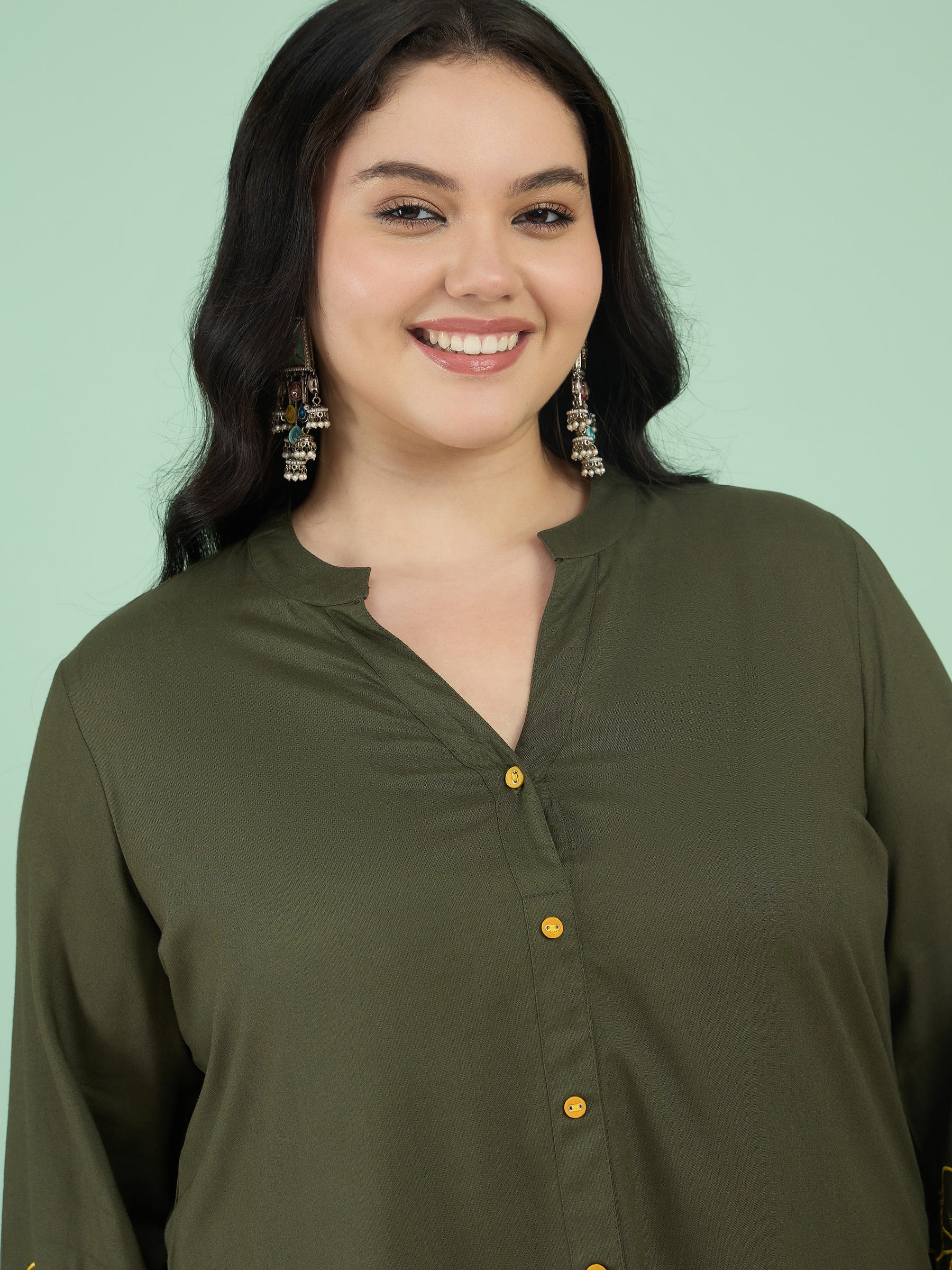 Olive Embroidered Sleeves Shirt With Pants-Shae by SASSAFRAS