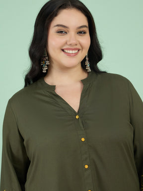 Olive Embroidered Sleeves Shirt With Pants-Shae by SASSAFRAS