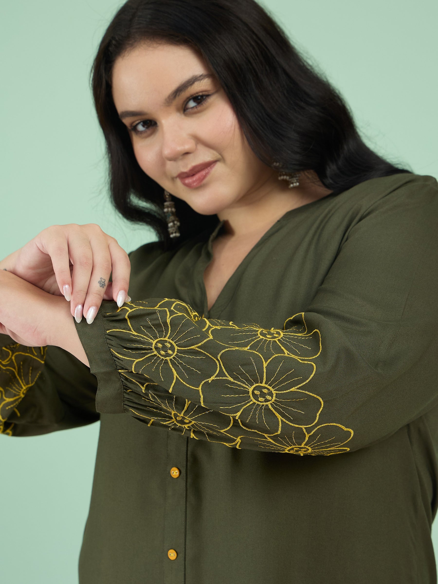 Women Olive Embroidered Sleeves Shirt With Pants