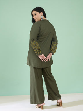 Women Olive Embroidered Sleeves Shirt With Pants